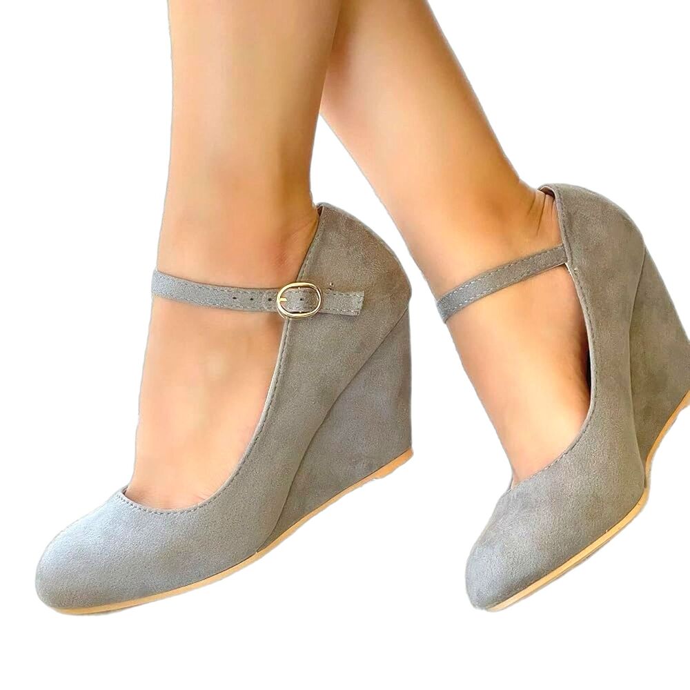 Bella Marie Women’s Gray Faux Suede Mary Jane Wedge Pumps | Size 8.5